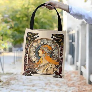 Mucha Art Nouveau Zodiac Canvas Tote Bag 15” x 13” Artist Bookish Grocery NEW